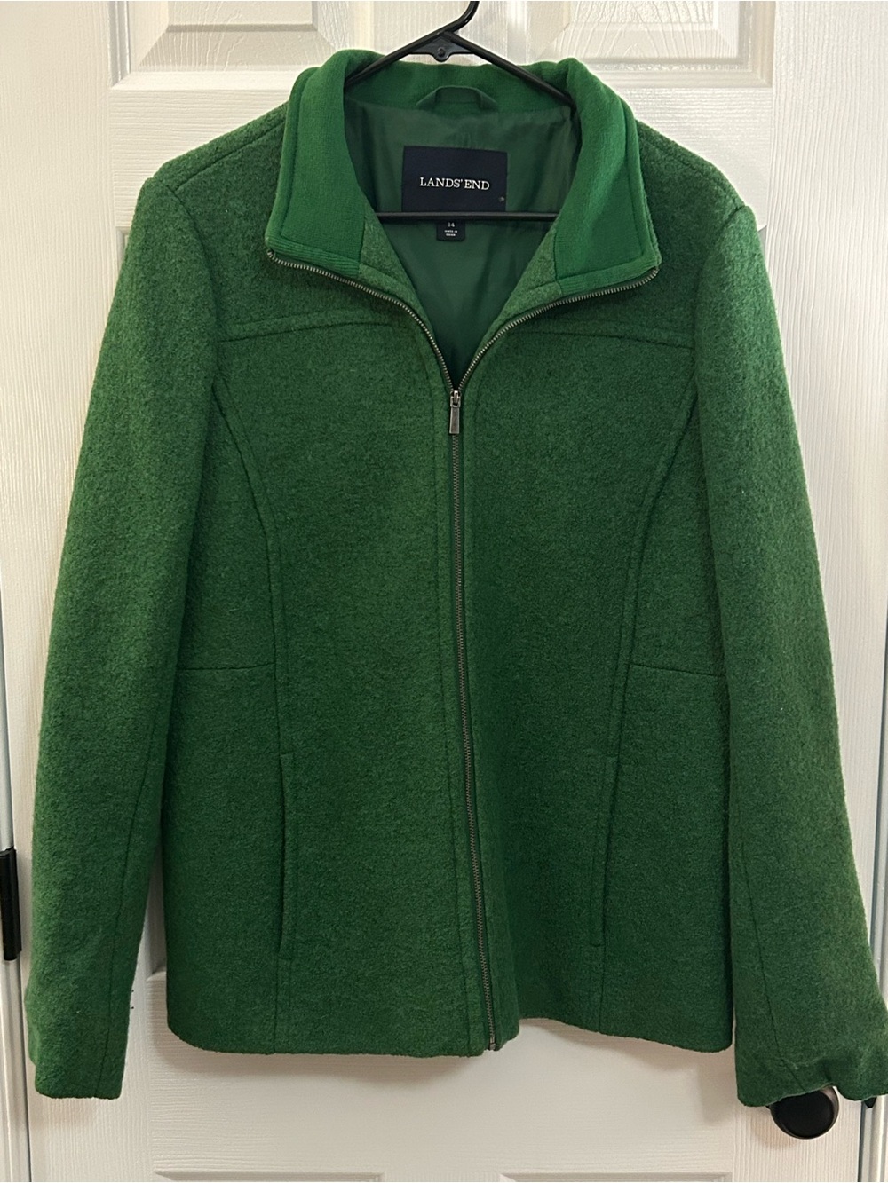 Lands’ End Green Boiled Wool Zip Up Mock Neck Jacket Size 14